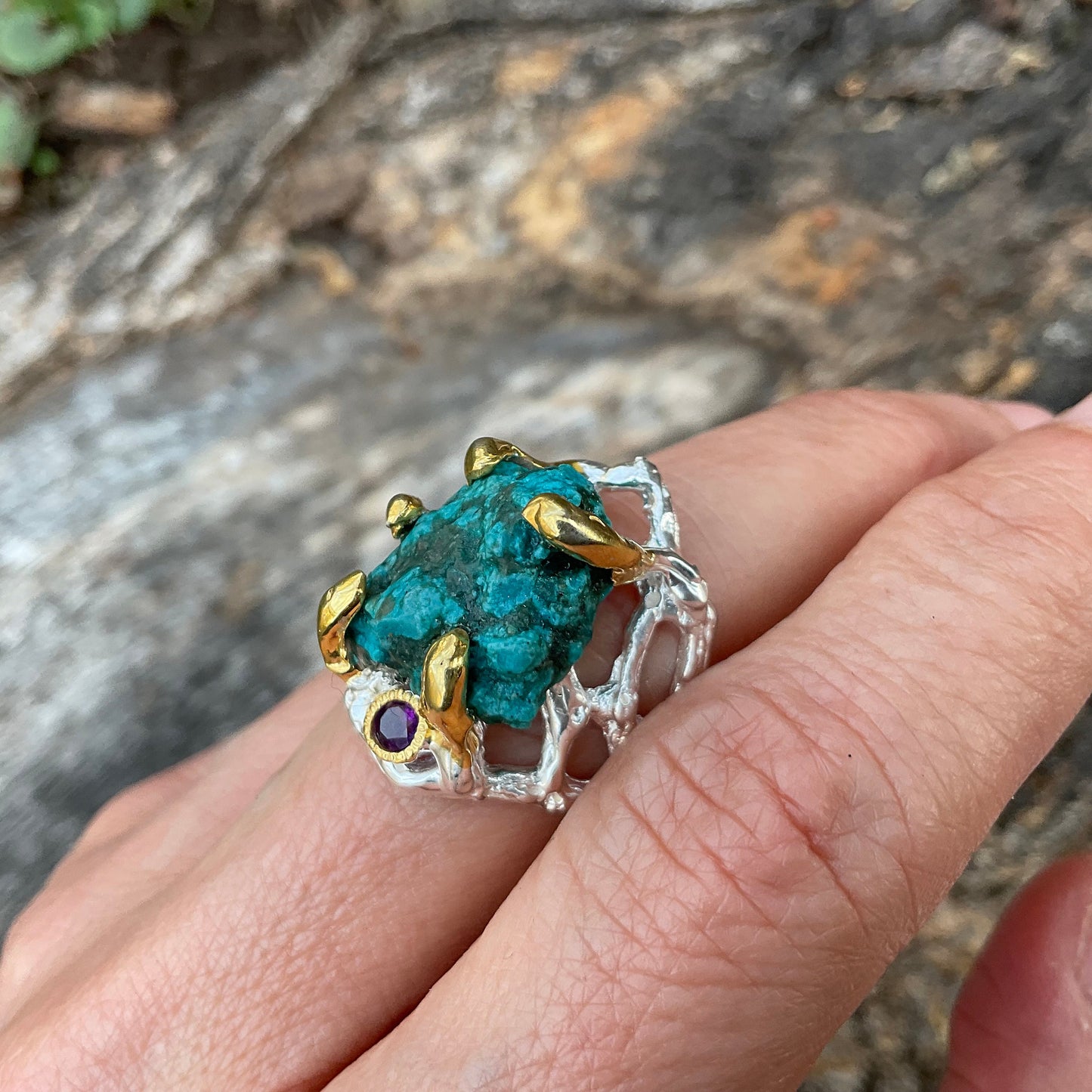 Sterling Silver Genuine Turquoise Brutalist roots ring 7.5