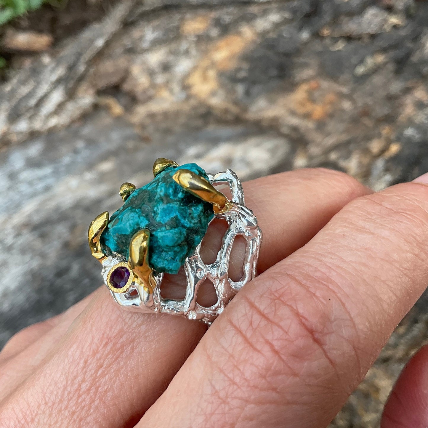 Sterling Silver Genuine Turquoise Brutalist roots ring 7.5