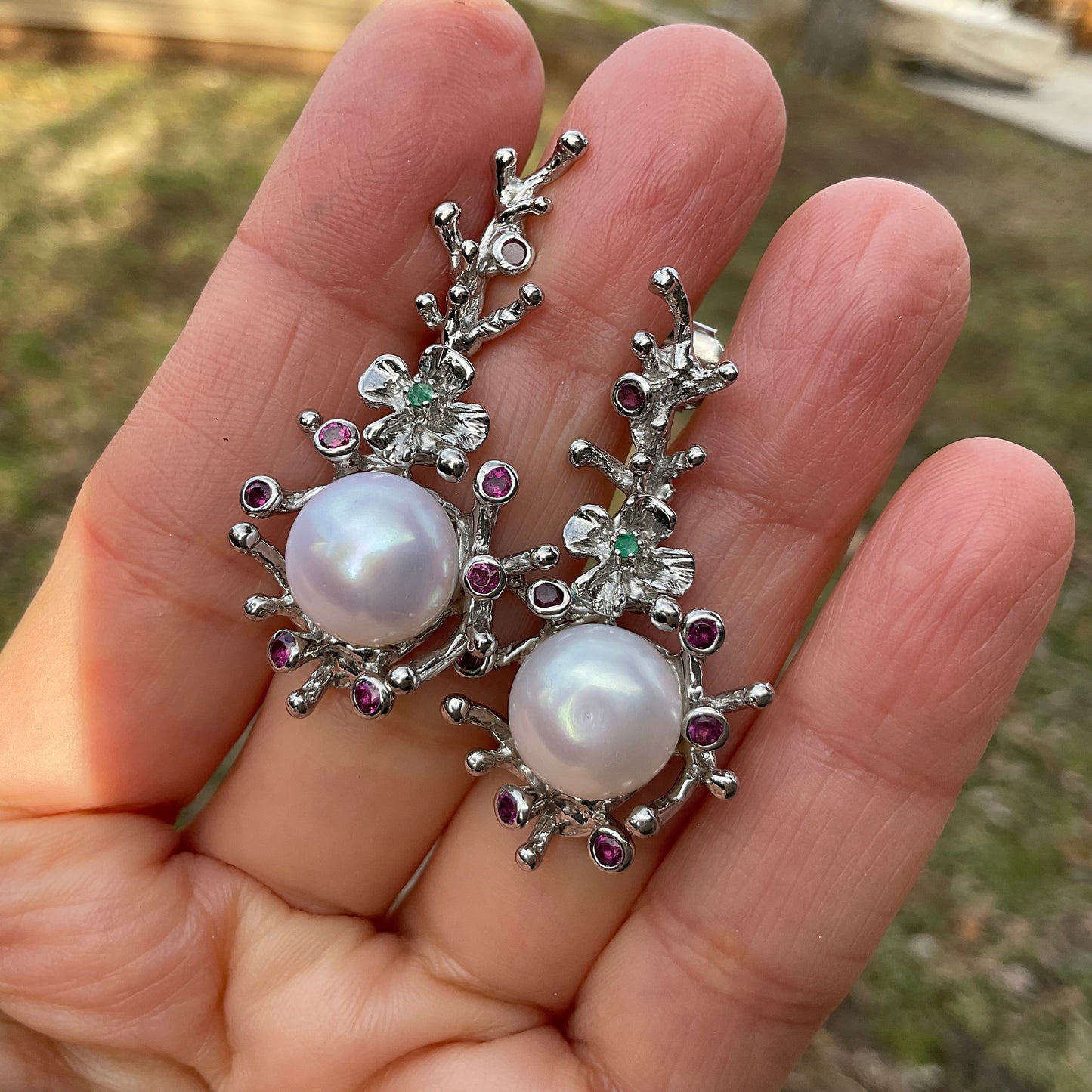 Sterling Silver white  pearl emerald Rhodolite earrings