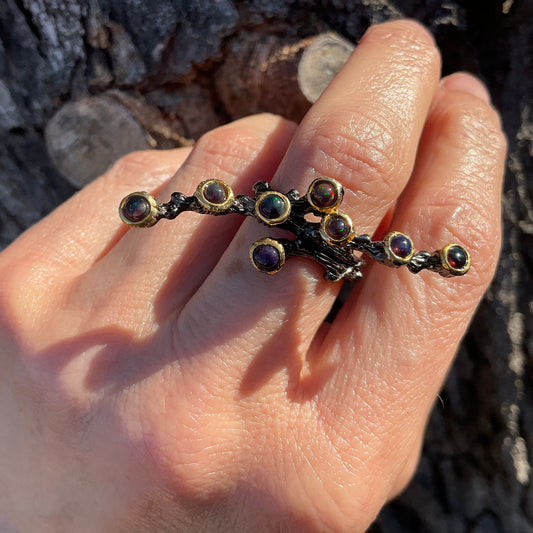 Natural opal Branch organic twig Sterling Silver ring 6.5