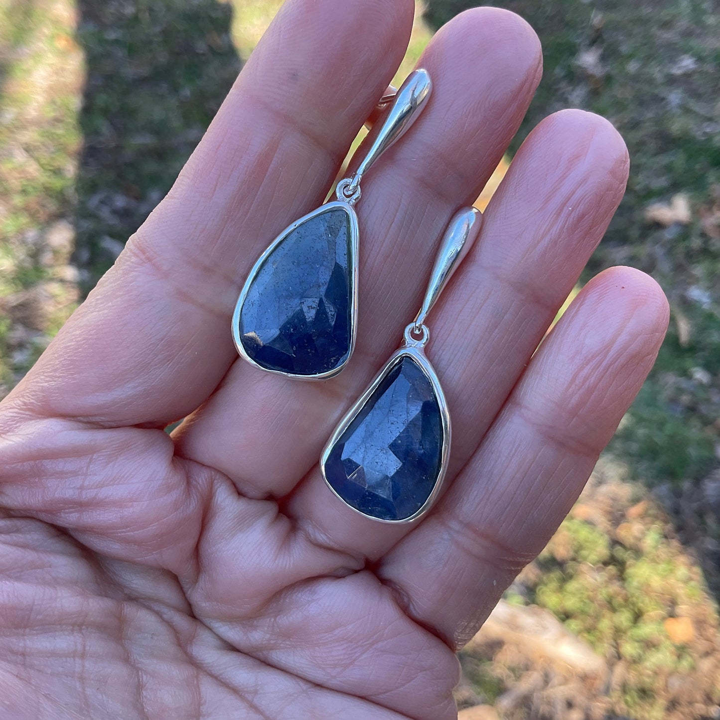 sterling Silver blue sapphire post dangle  Earrings