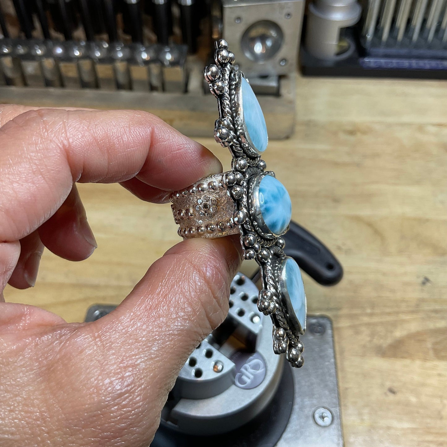 Sterling silver massive Dominican Larimar adjustable cuff ring