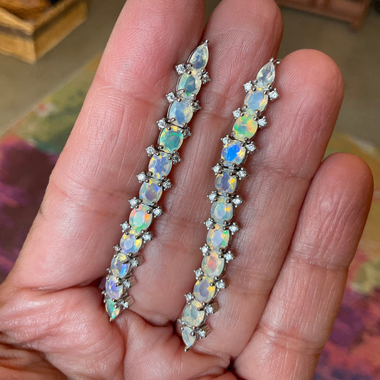 Sterling Silver Natural rainbow Opal Dangle long Earrings