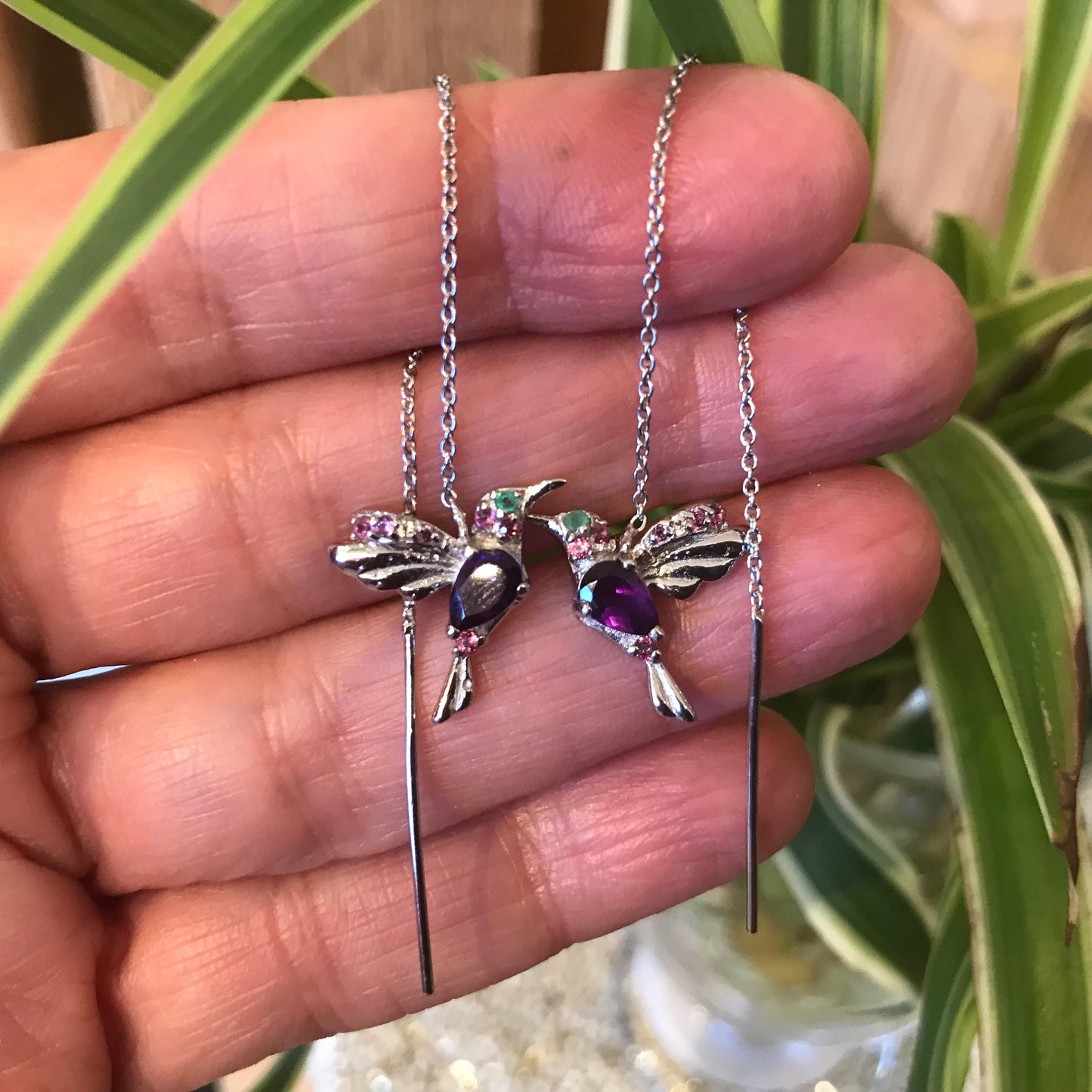 Sterling silver Bird hummingbird amethyst emerald earrings