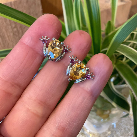 Sterling Silver Citrine frog tod rhodolite post earrings