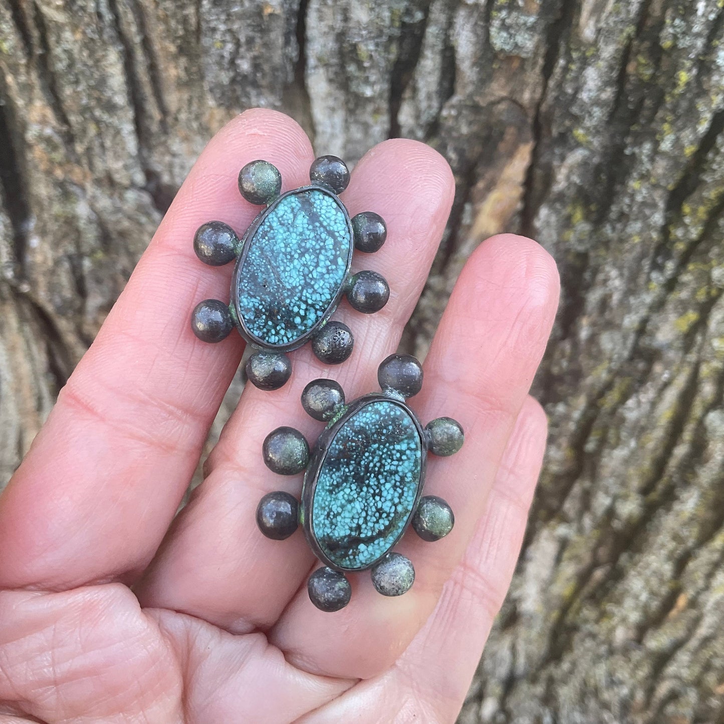 Sterling Silver moss turquoise brutalist sunburst post earrings