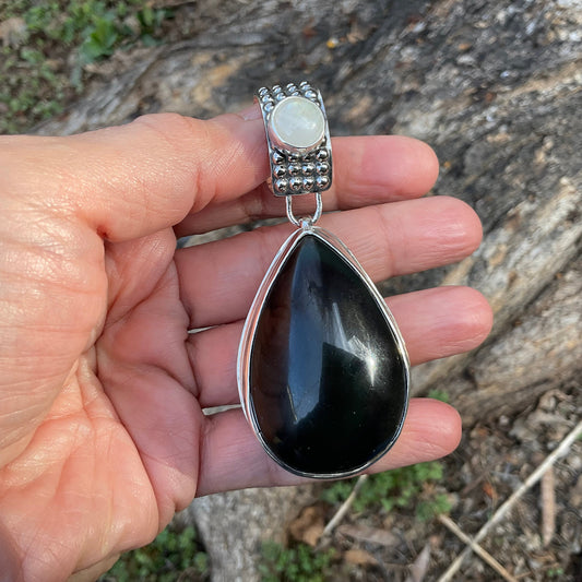 Sterling Silver large black obsidian moonstone bail pendant