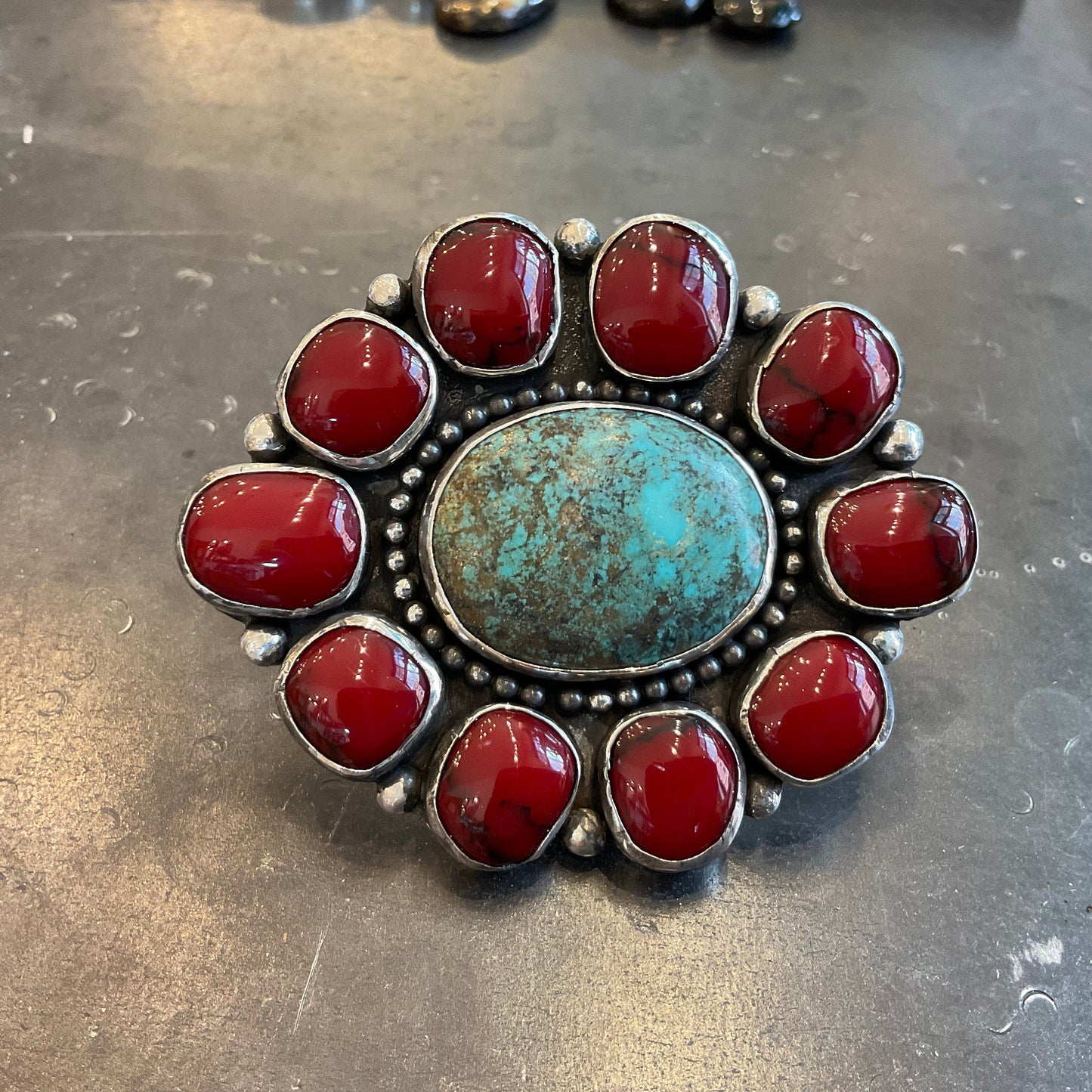 Sterling Statement turquoise huge red jasper cluster cuff ring