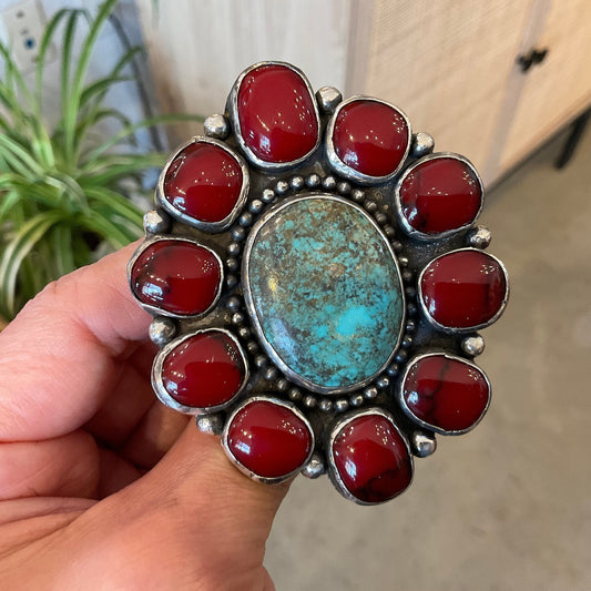 Sterling Statement turquoise huge red jasper cluster cuff ring