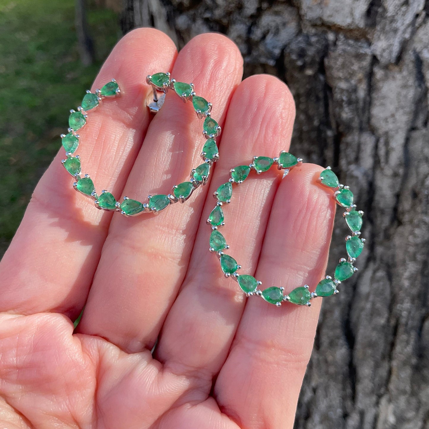 sterling silver Green emeralds hoops handmade earrings