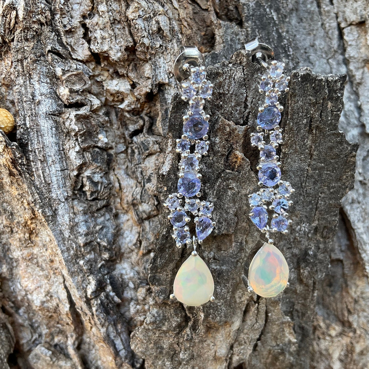 Sterling Silver rainbow opal tanzanite dangle earrings