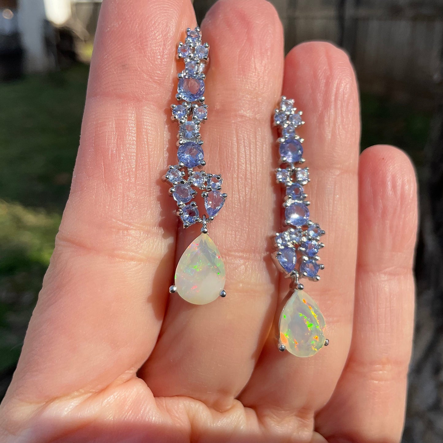 Sterling Silver rainbow opal tanzanite dangle earrings
