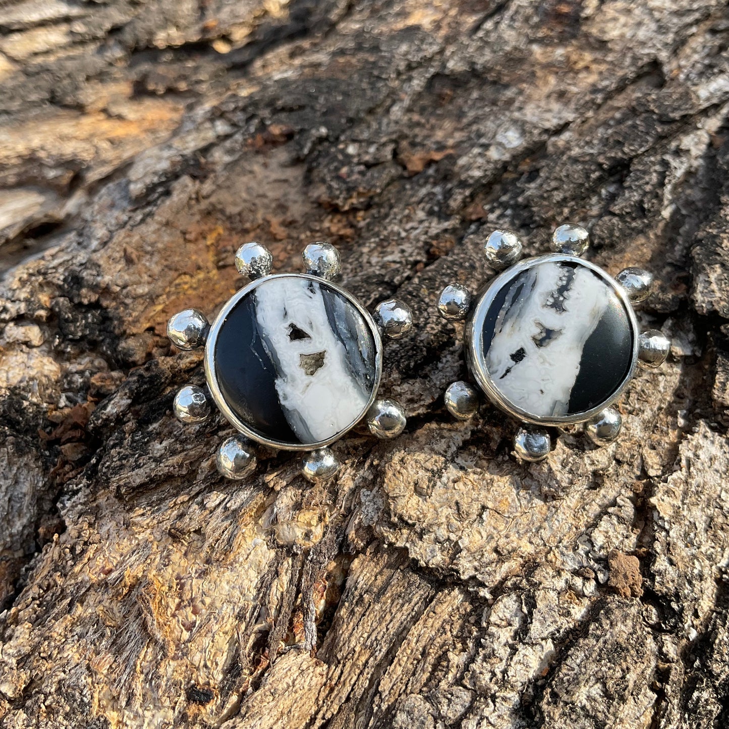 Sterling Silver white buffalo ribbon turquoise sunburst post earrings