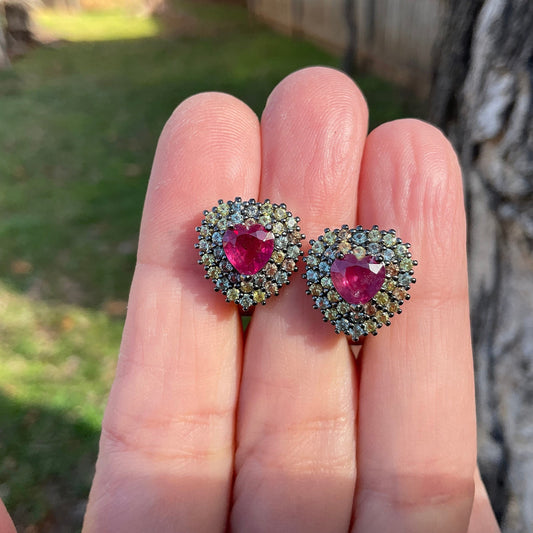 Sterling Silver  Natural heart ruby sapphire post Earrings