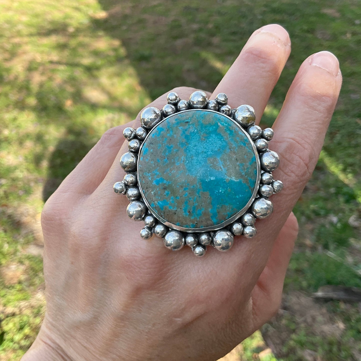 Sterling Statement turquoise huge adjustable sunburst earth cuff ring