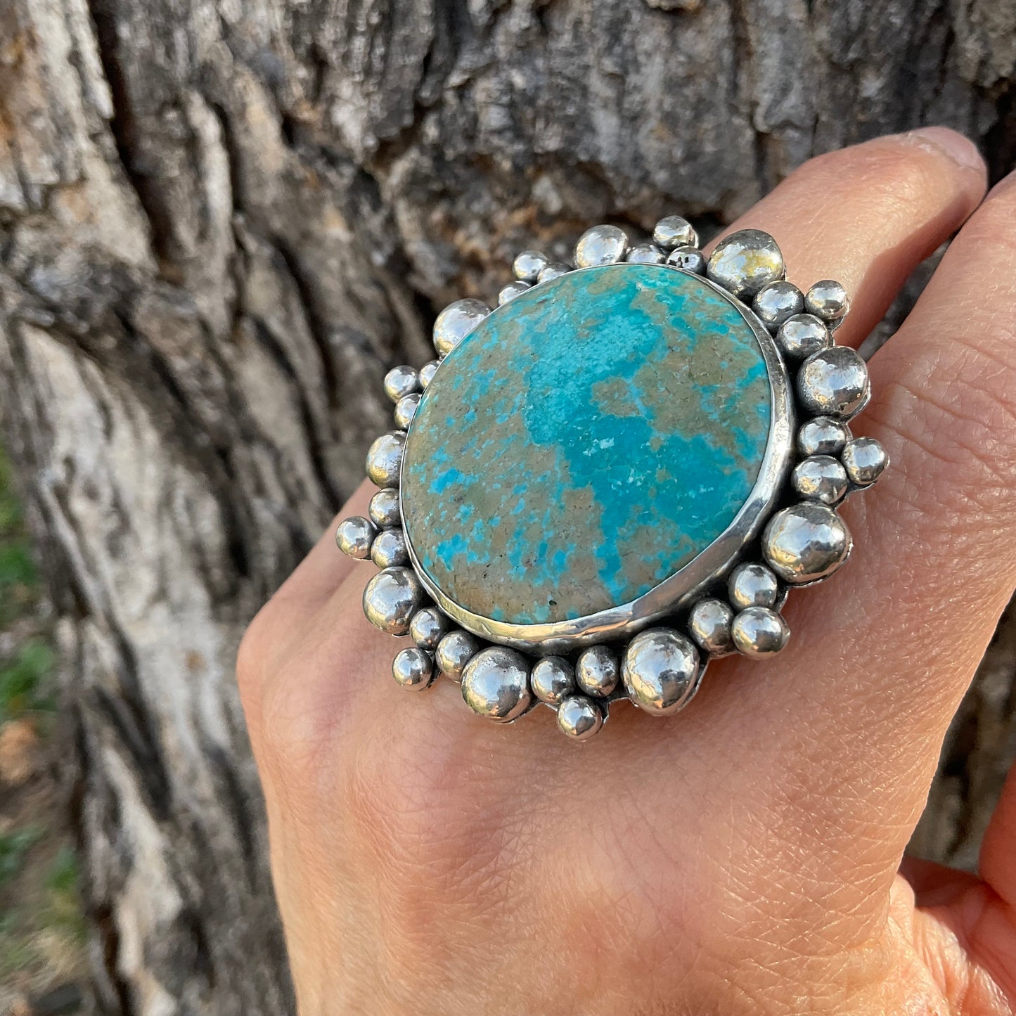 Sterling Statement turquoise huge adjustable sunburst earth cuff ring