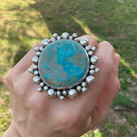 Sterling Statement turquoise huge adjustable sunburst earth cuff ring