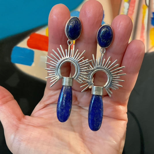 Sterling Silver lapis lazuli sunburst statement dangle earrings