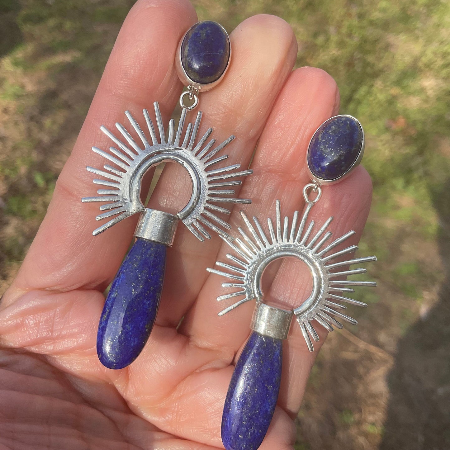 Sterling Silver lapis lazuli sunburst statement dangle earrings