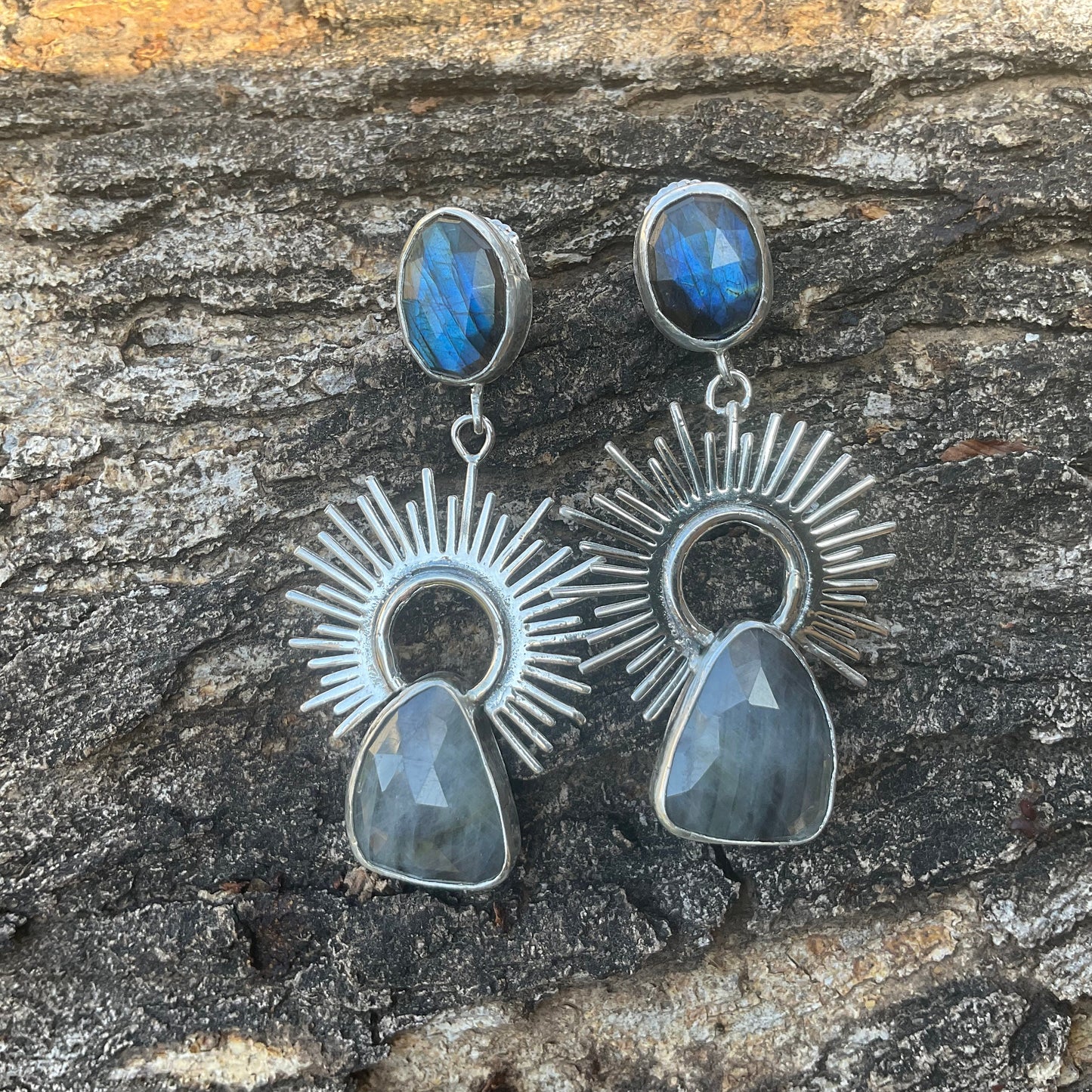 Sterling Silver labradorite sapphire sunburst statement earrings