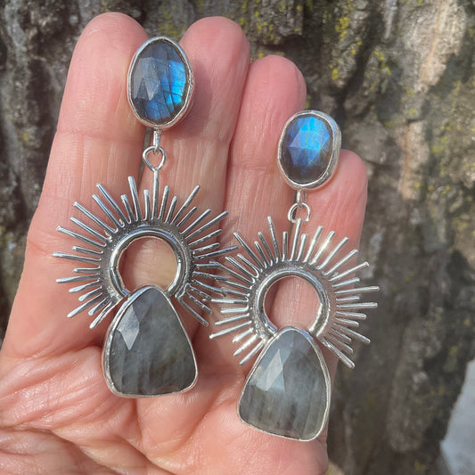 Sterling Silver labradorite sapphire sunburst statement earrings